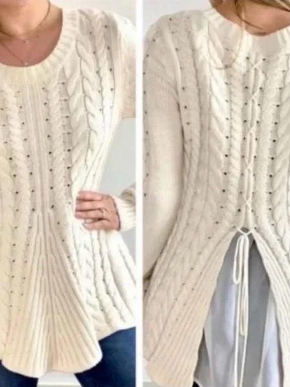 CAbi Women's M Ivory Lace Up Sweater Chiffon Trim #3157 Romantic Cottagecore
